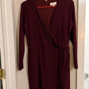 LOFT Long Sleeve Faux-Wrap Dress in Deep Wine